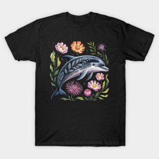 Floral Dolphin Surrounded by Ocean Leaves and Petals 2 T-Shirt