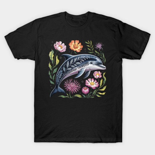 Floral Dolphin Surrounded by Ocean Leaves and Petals 2 T-Shirt by BirdsnStuff