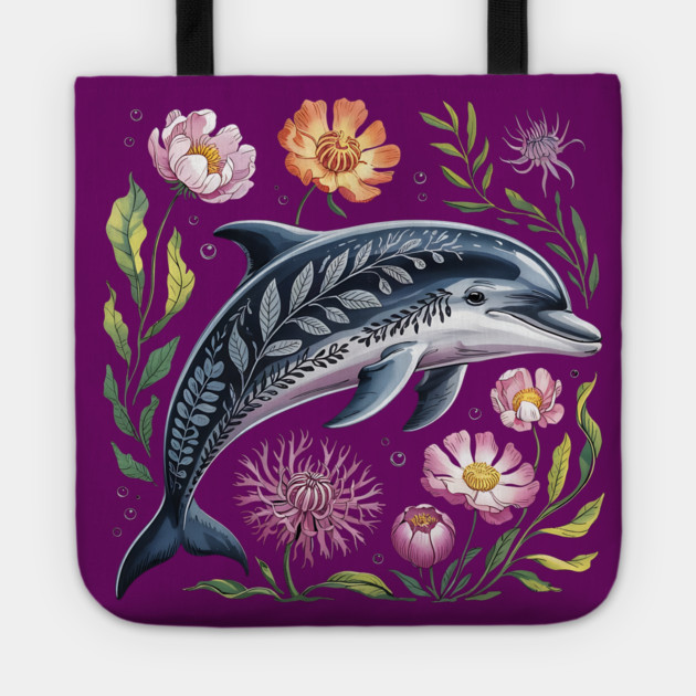 Floral Dolphin Surrounded by Ocean Leaves and Petals 2 Tote by BirdsnStuff