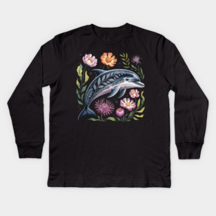 Floral Dolphin Surrounded by Ocean Leaves and Petals 2 Kids Long Sleeve T-Shirt