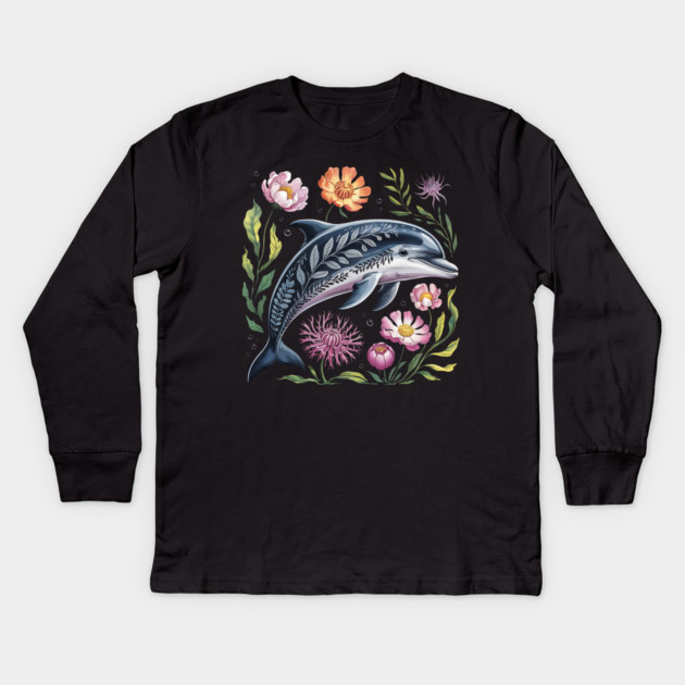 Floral Dolphin Surrounded by Ocean Leaves and Petals 2 Kids Long Sleeve T-Shirt by BirdsnStuff