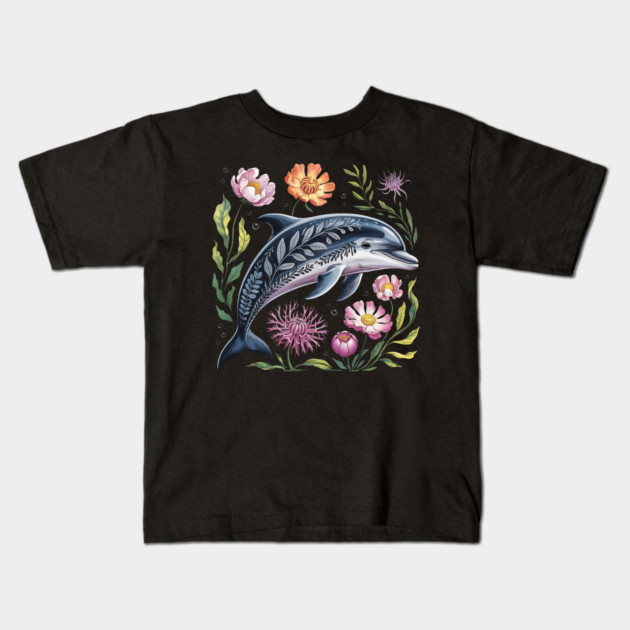 Floral Dolphin Surrounded by Ocean Leaves and Petals 2 Kids T-Shirt by BirdsnStuff