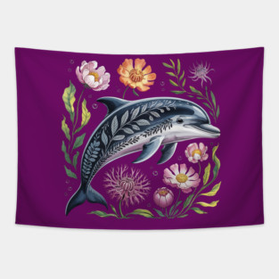 Floral Dolphin Surrounded by Ocean Leaves and Petals 2 Tapestry