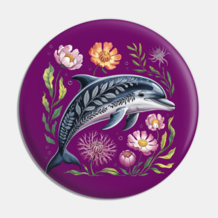 Floral Dolphin Surrounded by Ocean Leaves and Petals 2 Pin