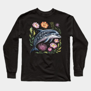 Floral Dolphin Surrounded by Ocean Leaves and Petals 2 Long Sleeve T-Shirt