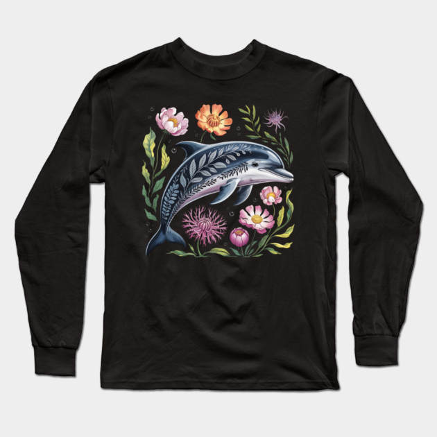Floral Dolphin Surrounded by Ocean Leaves and Petals 2 Long Sleeve T-Shirt by BirdsnStuff