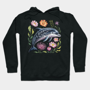 Floral Dolphin Surrounded by Ocean Leaves and Petals 2 Hoodie