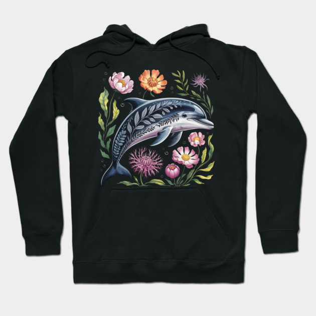 Floral Dolphin Surrounded by Ocean Leaves and Petals 2 Hoodie by BirdsnStuff