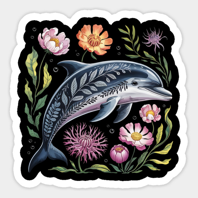 Floral Dolphin Surrounded by Ocean Leaves and Petals 2 Magnet by BirdsnStuff
