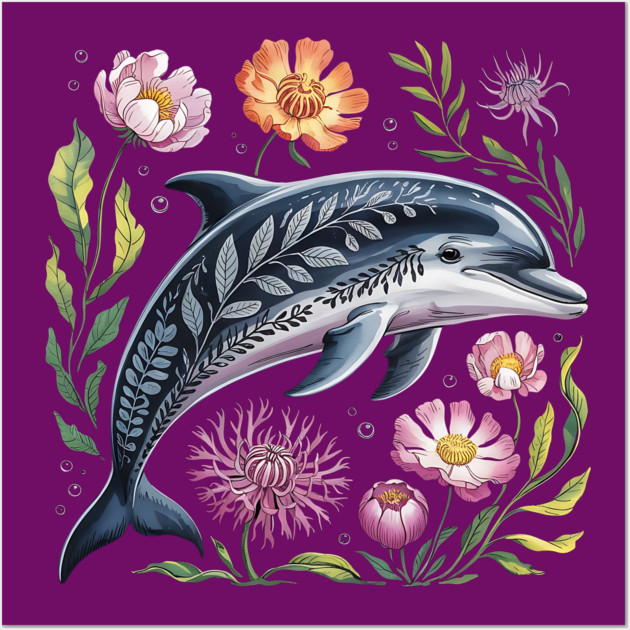 Floral Dolphin Surrounded by Ocean Leaves and Petals 2 Wall Art by BirdsnStuff