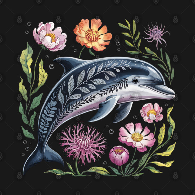 Floral Dolphin Surrounded by Ocean Leaves and Petals 2 by BirdsnStuff
