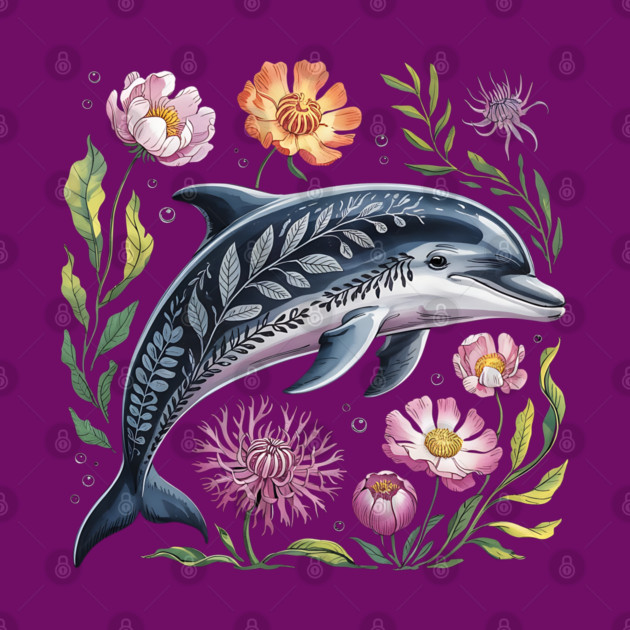 Floral Dolphin Surrounded by Ocean Leaves and Petals 2 by BirdsnStuff