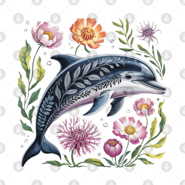 Floral Dolphin Surrounded by Ocean Leaves and Petals 2 by BirdsnStuff