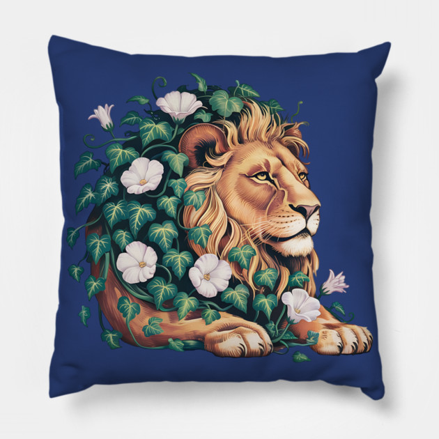 Majestic Lion with Ivy and White Morning Glories Pillow by BirdsnStuff
