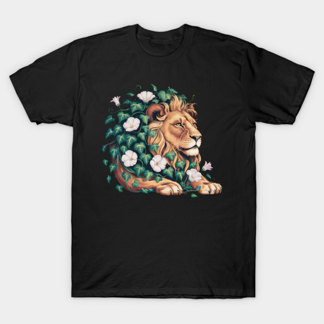 Majestic Lion with Ivy and White Morning Glories T-Shirt by BirdsnStuff