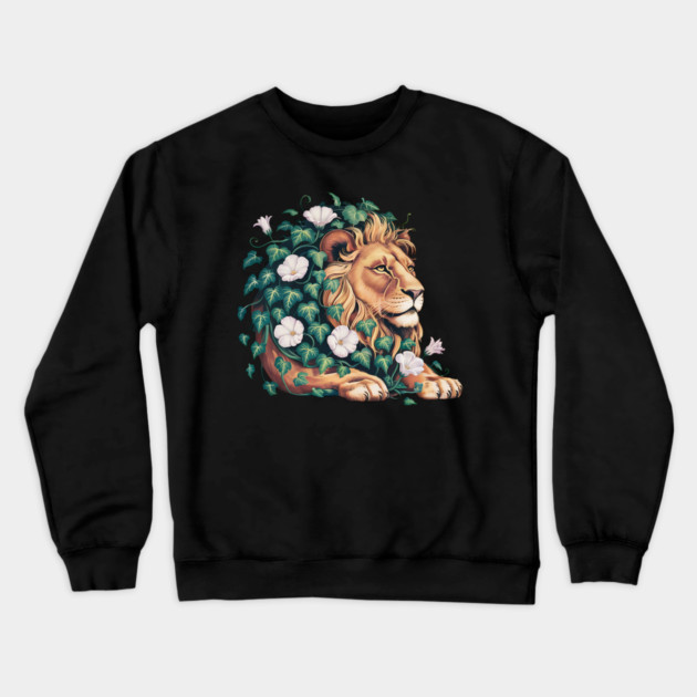 Majestic Lion with Ivy and White Morning Glories Crewneck Sweatshirt by BirdsnStuff