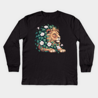 Majestic Lion with Ivy and White Morning Glories Kids Long Sleeve T-Shirt