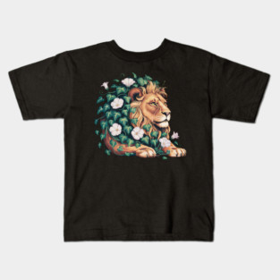 Majestic Lion with Ivy and White Morning Glories Kids T-Shirt