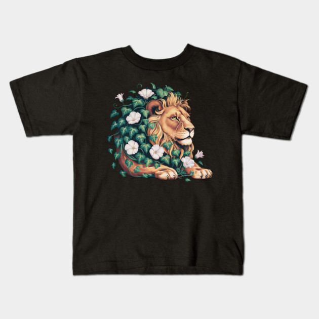 Majestic Lion with Ivy and White Morning Glories Kids T-Shirt by BirdsnStuff