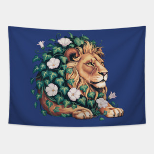 Majestic Lion with Ivy and White Morning Glories Tapestry