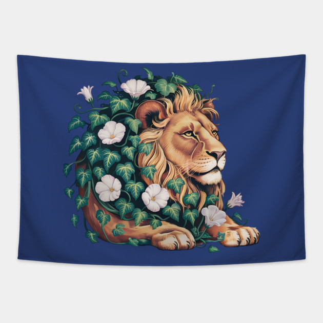 Majestic Lion with Ivy and White Morning Glories Tapestry by BirdsnStuff