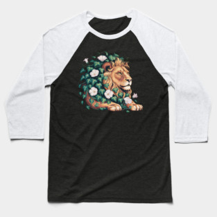 Majestic Lion with Ivy and White Morning Glories Baseball T-Shirt
