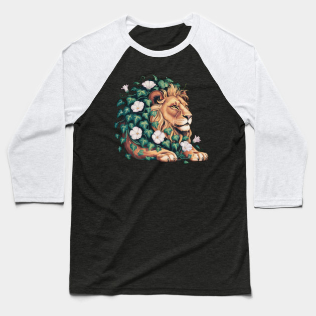 Majestic Lion with Ivy and White Morning Glories Baseball T-Shirt by BirdsnStuff