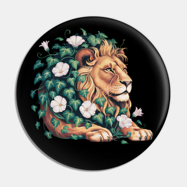 Majestic Lion with Ivy and White Morning Glories Pin by BirdsnStuff