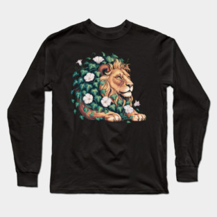 Majestic Lion with Ivy and White Morning Glories Long Sleeve T-Shirt