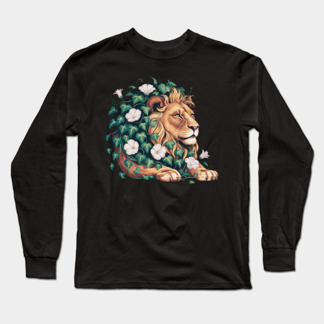 Majestic Lion with Ivy and White Morning Glories Long Sleeve T-Shirt by BirdsnStuff