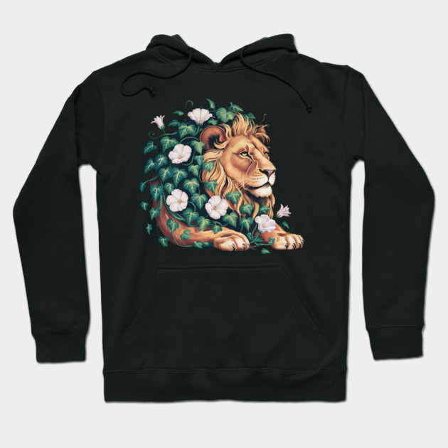 Majestic Lion with Ivy and White Morning Glories Hoodie by BirdsnStuff