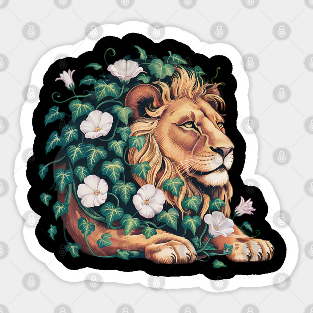 Majestic Lion with Ivy and White Morning Glories Sticker by BirdsnStuff