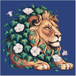 Majestic Lion with Ivy and White Morning Glories Posters and Art