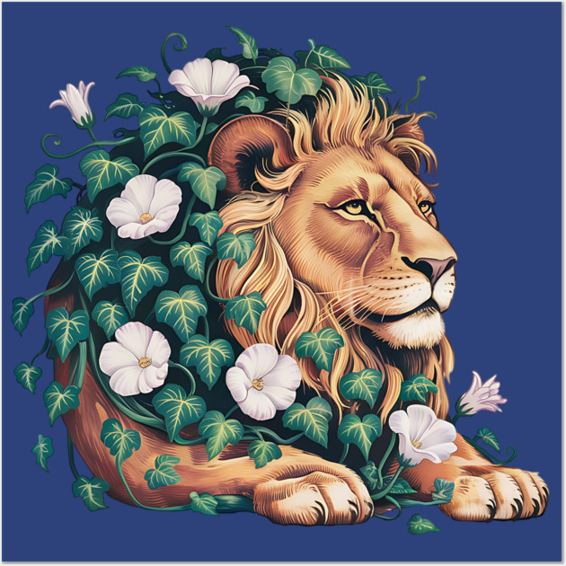 Majestic Lion with Ivy and White Morning Glories Wall Art by BirdsnStuff