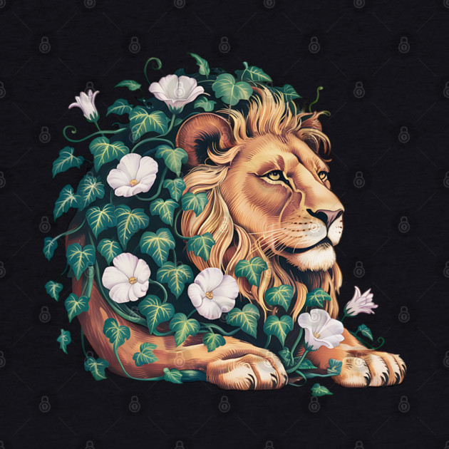 Majestic Lion with Ivy and White Morning Glories by BirdsnStuff