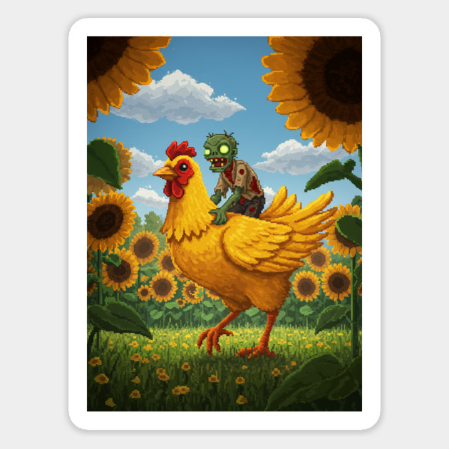 Chicken-Jockey-Zombie & Chicken in Sunflower Field #4 Magnet by Megadorim