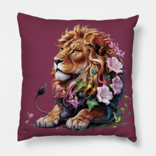 Lion with Colorful Floral Mane Pillow