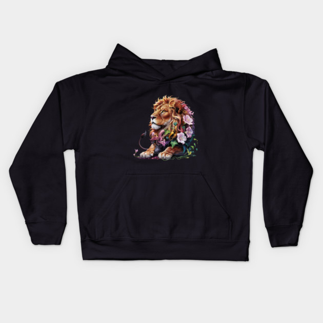 Lion with Colorful Floral Mane Kids Hoodie by BirdsnStuff
