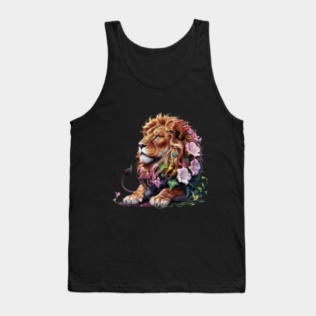 Lion with Colorful Floral Mane Tank Top by BirdsnStuff