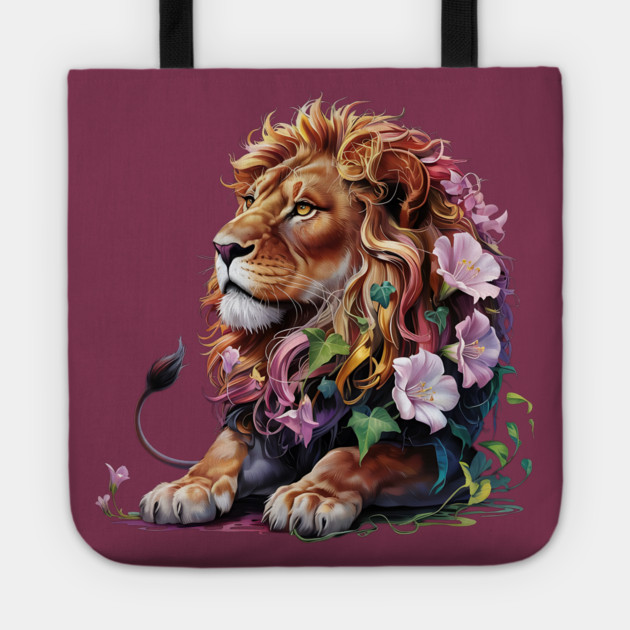 Lion with Colorful Floral Mane Tote by BirdsnStuff