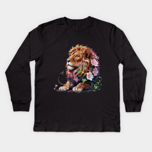 Lion with Colorful Floral Mane Kids Long Sleeve T-Shirt