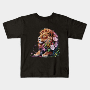 Lion with Colorful Floral Mane Kids T-Shirt