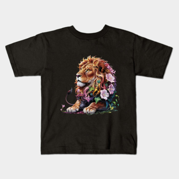 Lion with Colorful Floral Mane Kids T-Shirt by BirdsnStuff