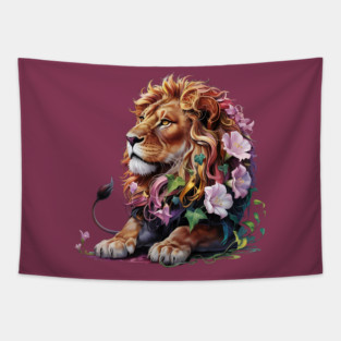 Lion with Colorful Floral Mane Tapestry