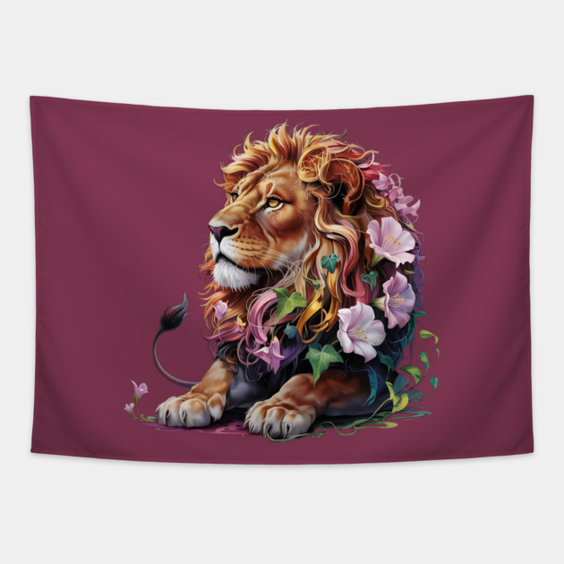 Lion with Colorful Floral Mane Tapestry by BirdsnStuff