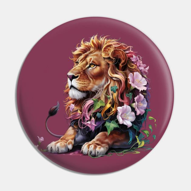 Lion with Colorful Floral Mane Pin by BirdsnStuff