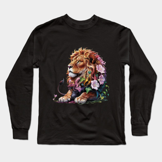 Lion with Colorful Floral Mane Long Sleeve T-Shirt by BirdsnStuff