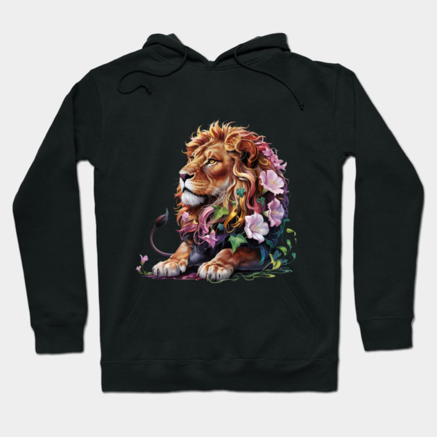 Lion with Colorful Floral Mane Hoodie by BirdsnStuff
