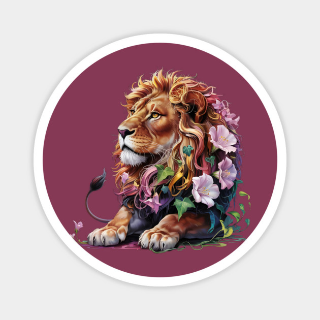 Lion with Colorful Floral Mane Magnet by BirdsnStuff