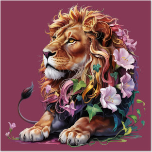 Lion with Colorful Floral Mane Posters and Art